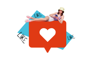 Creative collage illustration pretty smile young woman rest relax type text scrolling media react repost like followers miniature poster