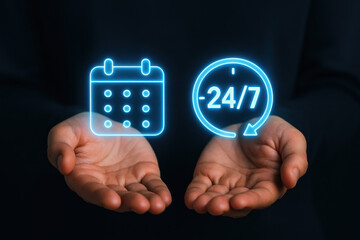 Calendar icon and 24/7 service symbol glowing above open hands on dark background