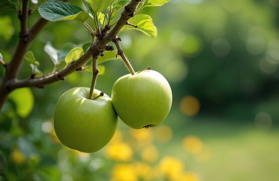 Two bright green apples hang from tree branch. Leaves and dappled sunlight create natural backdrop with soft yellow bokeh. These fresh, organic fruits ripen on branch, symbolizing health and nature.