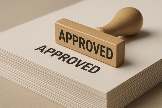 Approved stamp on stack of paper showing official approval and confirmation