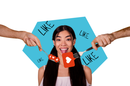 Collage picture illustration charm cute young woman eat like feeds two hands fame popular social media white blue background - Powered by Adobe