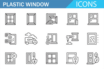 Plastic Window Construction Icons Set with Heating and Cooling Features
