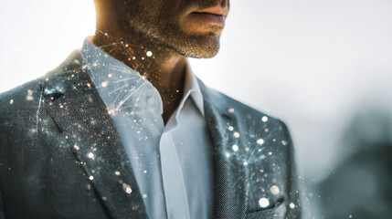 A modern professional with digital network overlay suggesting innovation and connectivity