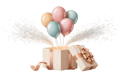 Pastel balloons emerging from open gift box with ribbon and confetti isolated on a transparent background