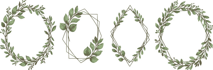 Obraz premium Set of four decorative floral frames with green leaves and geometric shapes on a white background wreath