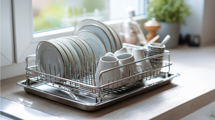 Metal dish rack with plates and mugs