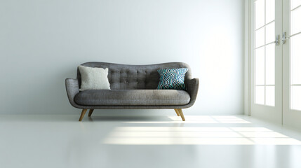 Minimalist living room featuring a gray fabric sofa and decorative pillows against a white background with ample negative space.