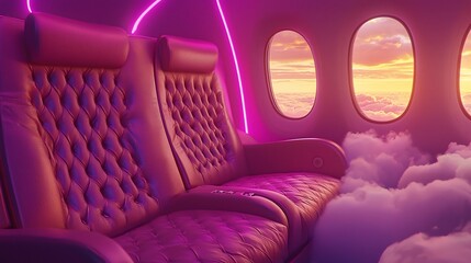 Obraz premium Luxurious First-Class Airplane Cabin Interior With Sunrise View and Cloudscape