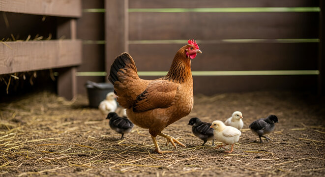 A mother hen leads her fluffy chicks across a bed of straw in a rustic coop.