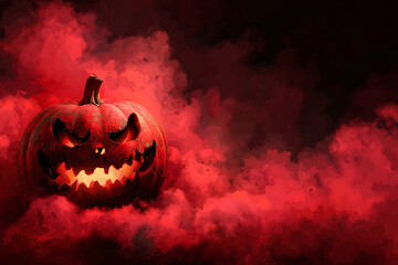 Spooky Halloween Pumpkin Glowing Amidst Red Fog with Eerie Atmosphere for Festive Decor