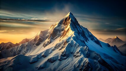 Majestic snowcapped mountain peak under a dramatic sky at sunset