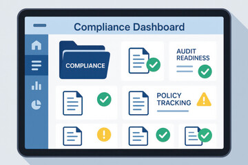 Compliance dashboard digital tablet showing audit readiness and policy tracking with check marks
