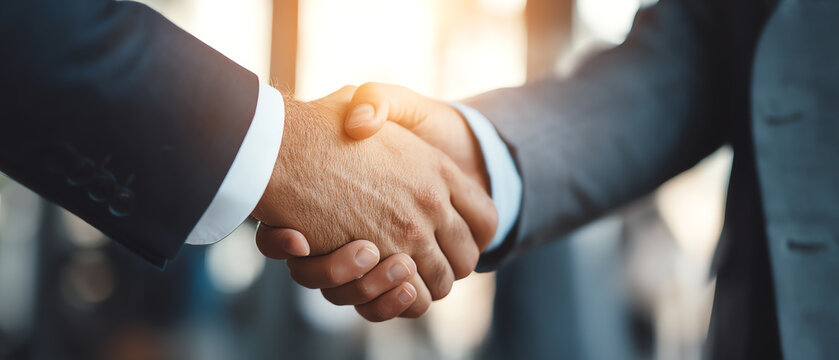 Two individuals in business suits shaking hands, symbolizing agreement, partnership, or successful negotiation in a professional setting