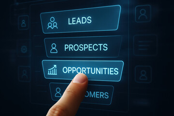 Sales funnel concept with finger selecting opportunities on digital screen