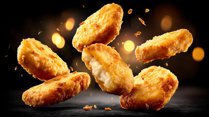 Golden, crispy chicken nuggets with one nugget showing creamy inside, floating against a dark background with warm bokeh lights and crumbs scattered around