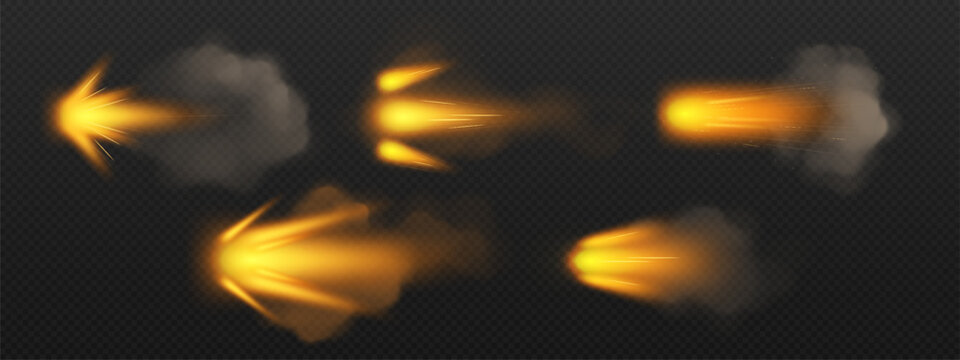 Yellow fire gun blast effects with smoke trails and bright muzzle flashes for military game assets. Projectile sparks fly horizontally with realistic flame patterns. Combat shooting visual elements
