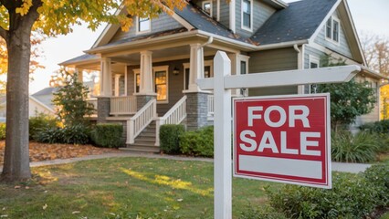Charming suburban home with vibrant autumn foliage and prominent 'For Sale' sign