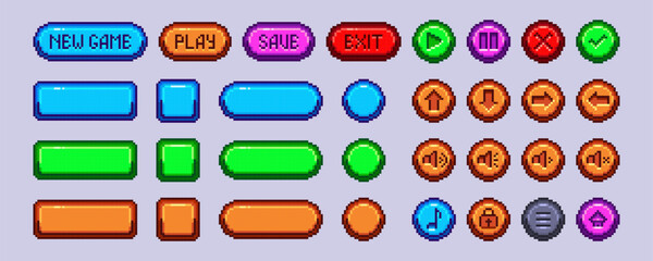 Pixel game button collection with colorful text labels and round icons for retro interface design. Bright elements in 8 bit videogame style. Classic controller arcade UI assets for digital projects.
