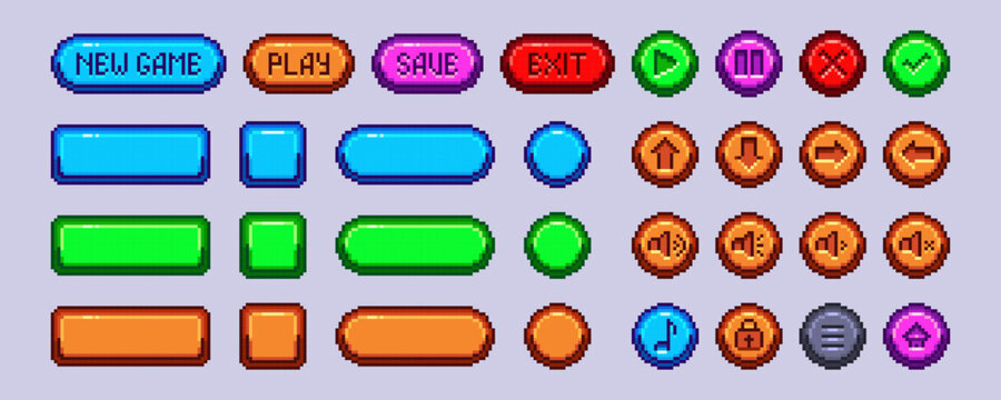 Pixel game button collection with colorful text labels and round icons for retro interface design. Bright elements in 8 bit videogame style. Classic controller arcade UI assets for digital projects.