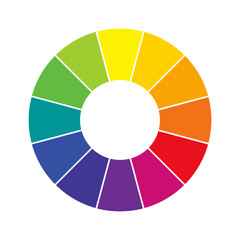 Obraz premium Color wheel chart circle. Bright rainbow spectrum divided into 12 equal segments on white background. Circular palette for color theory, design, or visual harmony. Vector illustration.