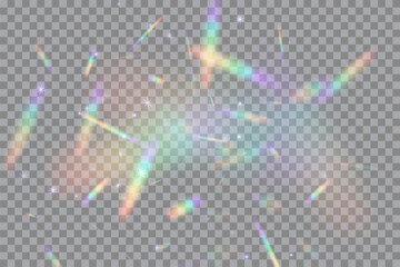 Rainbow light flares on transparent background. Glowing prism light leaks scattered randomly. Camera lens flickers. Holographic rays. Abstract vector illustration. © Mariquita vector