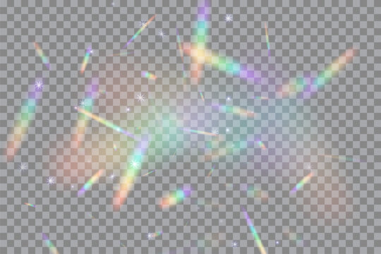 Rainbow light flares on transparent background. Glowing prism light leaks scattered randomly. Camera lens flickers. Holographic rays. Abstract vector illustration.