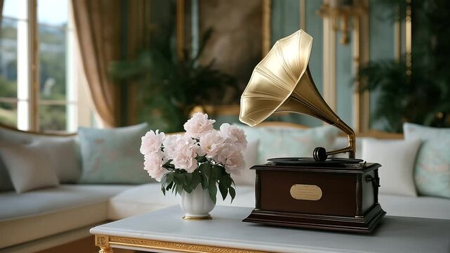 Antique phonograph with brass horn in a sunlit parlor