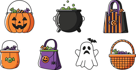 Happy Halloween icons with candy and spooky characters for holiday fun
