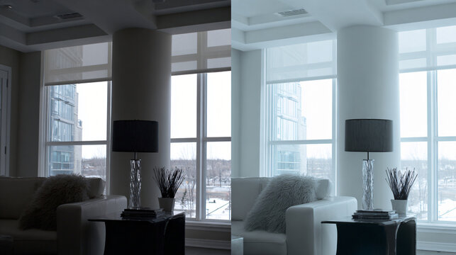 A modern living space features clean lines and a neutral palette, captured in a split composition.