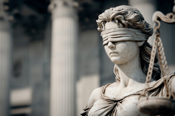 Blindfolded statue of Lady Justice holding scales in front of classical courthouse columns symbolizing fairness, law, and impartiality in the judicial system