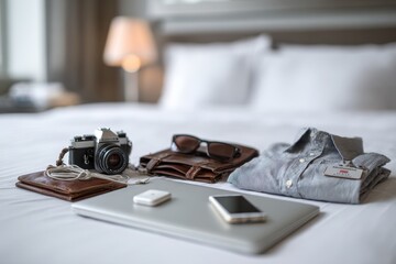 Travel essentials laid out neatly on a hotel bed, ready for a business trip or vacation.