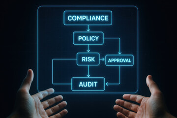 Obraz premium Compliance policy risk approval audit flowchart glowing in hands