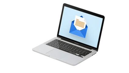 Laptop displaying an email notification; a digital message in an open envelope on the screen.