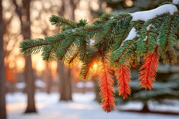 Winter sun highlights a branch with snow and vibrant red pine needles