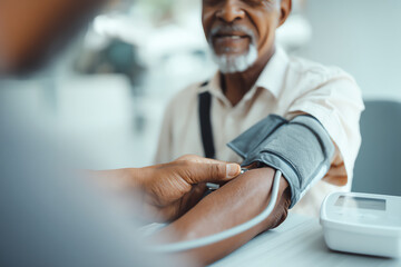 A healthcare professional measures the blood pressure of an elderly man using a digital blood pressure monitor with a cuff on his arm