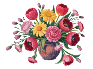 Vibrant floral arrangement with pink tulips yellow daisies and carnations isolated on a transparent background