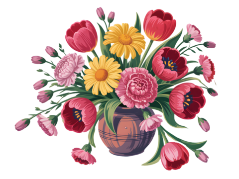Vibrant floral arrangement with pink tulips yellow daisies and carnations isolated on a transparent background