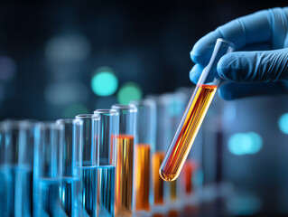 A gloved hand holds a test tube with an orange liquid above a rack of other test tubes containing various colored liquids in a laboratory setting