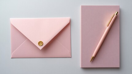 Elegant pastel pink envelope with gold button closure and matching notebook set, luxury wedding stationery, premium branding mockup, sophisticated office supplies

