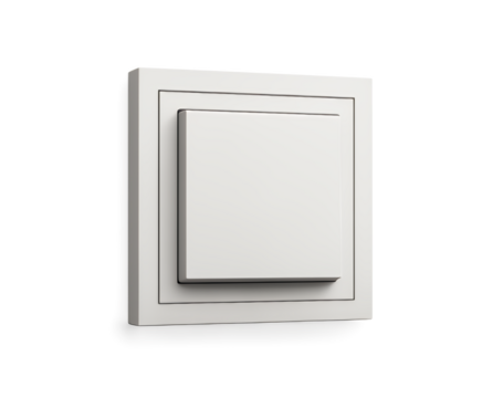 A modern white light switch with a square toggle button mounted on a layered square frame isolated on a transparent background isolated on transparent background