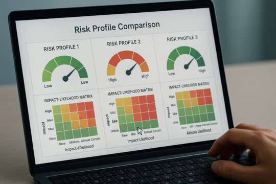 Risk profile comparison charts on laptop screen showing impact likelihood matrix and risk levels