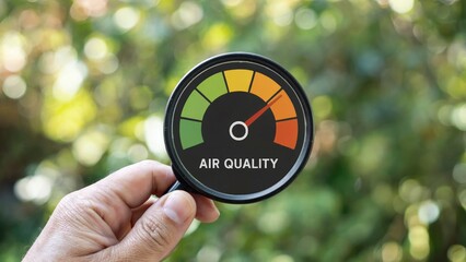 Monitoring air quality with a gauge, showing a reading in the yellow zone against a natural green backdrop