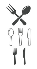 Illustration showing crossed spoon and fork with additional cutlery items in black and white style vector