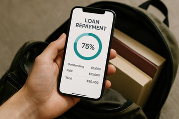 Loan repayment progress on smartphone screen with financial details and hand holding phone