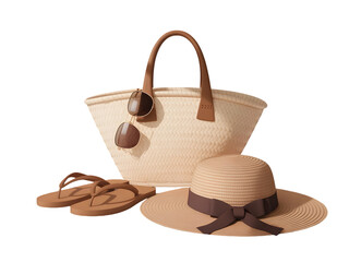 Woven tote bag with straw hat sunglasses and flip flops isolated on a transparent background