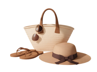 Woven tote bag with straw hat sunglasses and flip flops isolated on a transparent background
