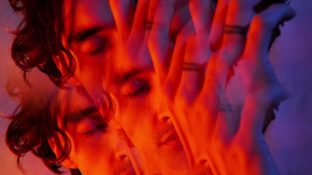 Close up of attractive young brunette man moving his hands while posing for camera in neon lighting with cloning effect