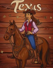 Texas sheriff on horseback, wearing vibrant cowboy attire. wooden backdrop adorned with stars and large Texas text. exudes authentic western culture and traditional charm.