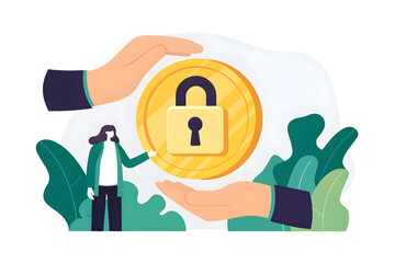 Fintech Cyber Defense A person stands near a coin with a padlock, protected by two large hands, symbolizing security and safety.