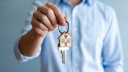 Excitedly holding house key with charming wooden keychain, symbolizing homeownership and dreams